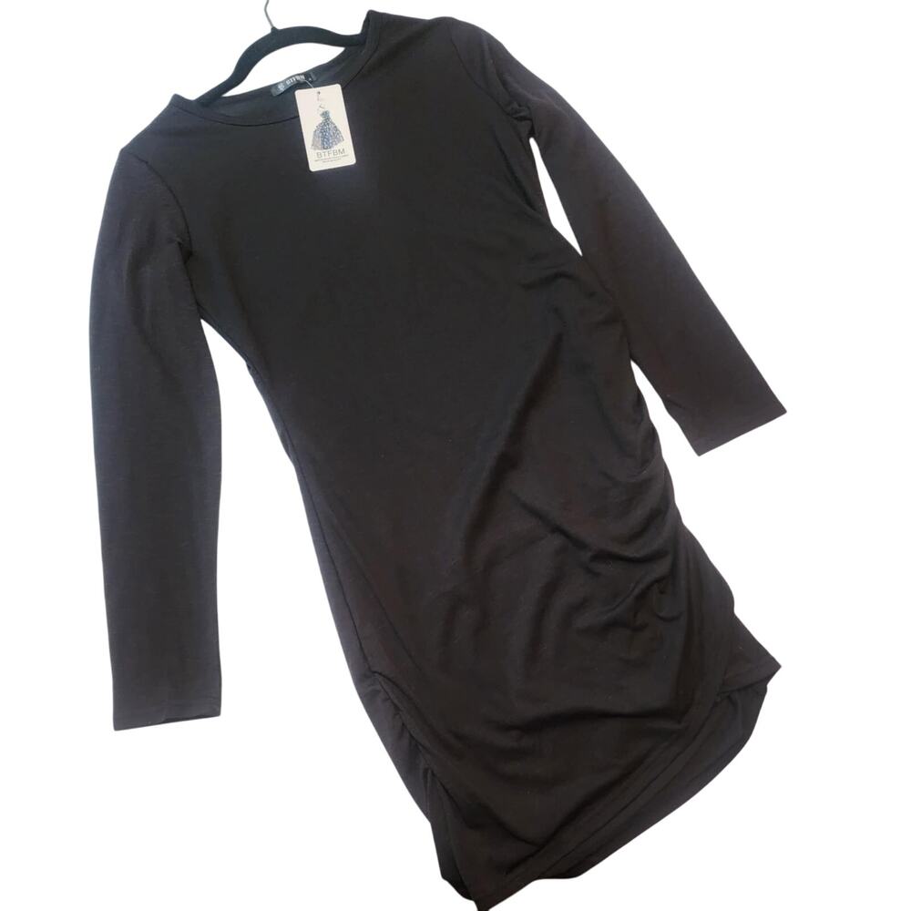 BTFBM Long Sleeve Shirt Dress, Ruched Side, Black, M, NWT